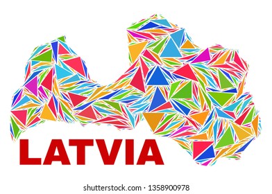 Mosaic Latvia map of triangles in bright colors isolated on a white background. Triangular collage in shape of Latvia map. Abstract design for patriotic illustrations.