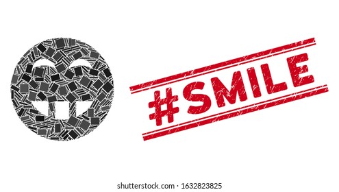 Mosaic laugth smiley icon and red #Smile watermark between double parallel lines. Flat vector laugth smiley mosaic icon of random rotated rectangle elements. Red #Smile watermark with grunge textures.