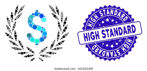 Mosaic laurel bank emblem icon and rubber stamp watermark with High Standard text. Mosaic vector is composed with laurel bank emblem icon and with random spheric spots.