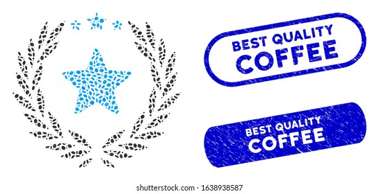 Mosaic laurel star emblem and corroded stamp seals with Best Quality Coffee text. Mosaic vector laurel star emblem is designed with random ellipse spots. Best Quality Coffee seals use blue color,