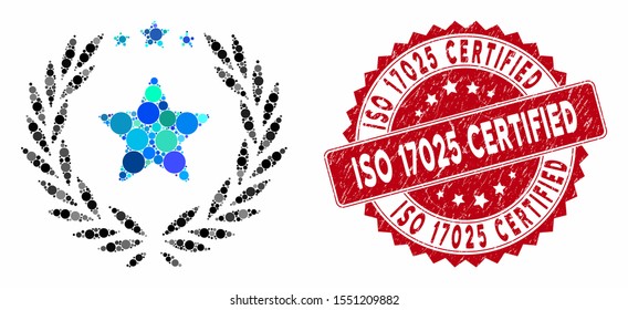 Mosaic laurel star emblem and rubber stamp seal with ISO 17025 Certified text. Mosaic vector is formed from laurel star emblem icon and with randomized spheric spots. svg