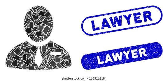 Mosaic lawyer and distressed stamp seals with Lawyer text. Mosaic vector lawyer is composed with randomized rectangles. Lawyer stamp seals use blue color, and have round rectangle shape.