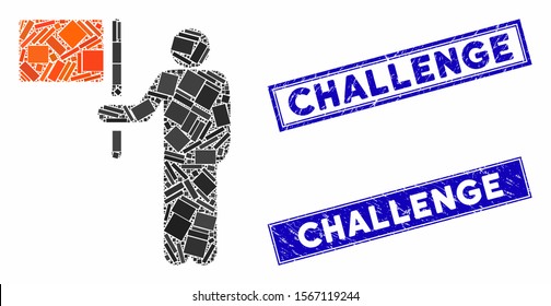 Mosaic leader with flag icon and rectangle rubber prints. Flat vector leader with flag mosaic icon of scattered rotated rectangle items. Blue caption seals with scratched textures.