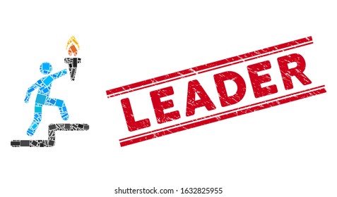 Mosaic leader with torch pictogram and red Leader stamp between double parallel lines. Flat vector leader with torch mosaic pictogram of random rotated rectangle elements.