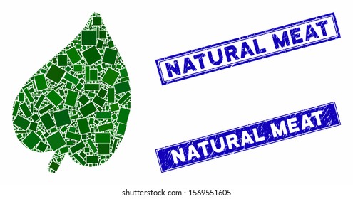 Mosaic leaf pictogram and rectangle rubber prints. Flat vector leaf mosaic pictogram of randomized rotated rectangle elements. Blue caption rubber stamps with scratched texture.