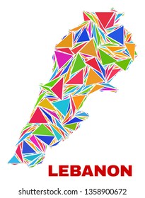 Mosaic Lebanon map of triangles in bright colors isolated on a white background. Triangular collage in shape of Lebanon map. Abstract design for patriotic decoration.