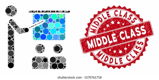 Mosaic Lecture And Grunge Stamp Seal With Middle Class Phrase. Mosaic Vector Is Designed With Lecture Icon And With Randomized Spheric Spots. Middle Class Stamp Seal Uses Red Color, And Grunge Design.