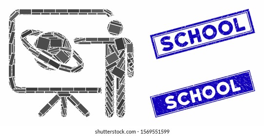 Mosaic lecture icon and rectangular seal stamps. Flat vector lecture mosaic icon of scattered rotated rectangular items. Blue caption stamp imprints with distress textures.