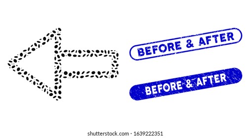 Mosaic left arrow and distressed stamp seals with Before & After text. Mosaic vector left arrow is designed with randomized oval parts. Before & After stamp seals use blue color,