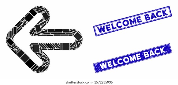 Mosaic left arrow pictogram and rectangle Welcome Back stamps. Flat vector left arrow mosaic pictogram of scattered rotated rectangle elements. Blue Welcome Back stamps with scratched surface.