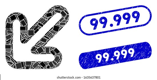 Mosaic left-down arrow and rubber stamp seals with 99.999 caption. Mosaic vector left-down arrow is created with random rectangle items. 99.999 seals use blue color, and have round rectangle shape.