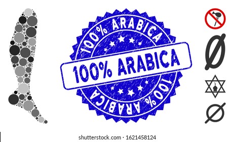 Mosaic leg icon and distressed stamp seal with 100% Arabica caption. Mosaic vector is composed with leg icon and with random round elements. 100% Arabica seal uses blue color, and grunged surface.