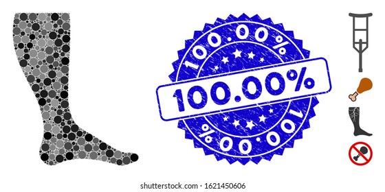 Mosaic leg icon and grunge stamp watermark with 100.00% text. Mosaic vector is formed with leg pictogram and with randomized round elements. 100.00% stamp uses blue color, and grunge texture.