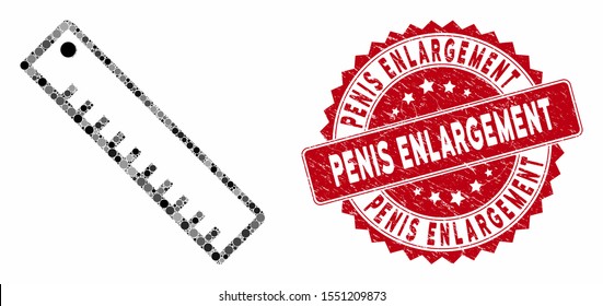Mosaic length ruler and corroded stamp watermark with Penis Enlargement text. Mosaic vector is created with length ruler icon and with randomized circle items. Penis Enlargement stamp uses red color,
