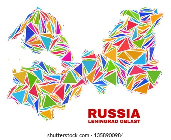Mosaic Leningrad Region map of triangles in bright colors isolated on a white background. Triangular collage in shape of Leningrad Region map. Abstract design for patriotic illustrations.