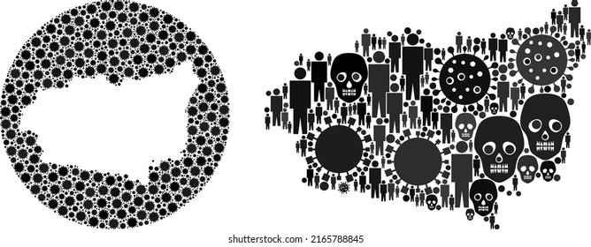 Mosaic Leon Province map constructed from flu virus icons and population and mortal icons. Infection virus Leon Province map mosaic created with sphere and carved shape.