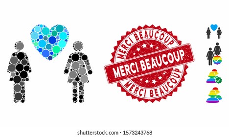 Mosaic lesbi love pair icon and rubber stamp seal with Merci Beaucoup phrase. Mosaic vector is created with lesbi love pair pictogram and with random circle items.