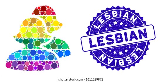 Mosaic lesbian women icon and rubber stamp seal with Lesbian phrase. Mosaic vector is formed with lesbian women icon and with randomized circle items. Lesbian stamp uses blue color,