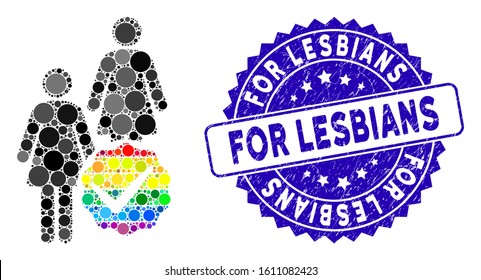 Mosaic for lesbians icon and grunge stamp seal with For Lesbians phrase. Mosaic vector is formed from for lesbians icon and with random spheric elements. For Lesbians stamp seal uses blue color,