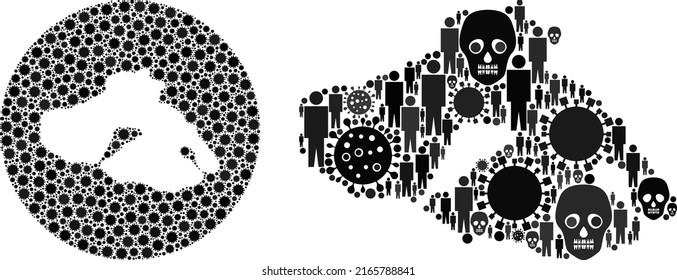 Mosaic Lesbos Island map designed from flu virus icons and humans and dead head elements. Infection virus Lesbos Island map mosaic composed with sphere and subtracted space.