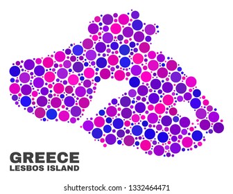 Mosaic Lesbos Island map isolated on a white background. Vector geographic abstraction in pink and violet colors. Mosaic of Lesbos Island map combined of random spheric dots.
