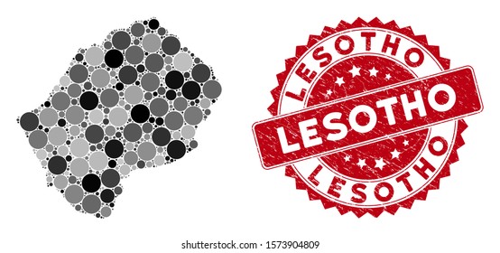Mosaic Lesotho map and circle stamp. Flat vector Lesotho map mosaic of randomized round items. Red seal stamp with dirty style. Designed for political and patriotic applications.