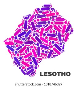 Mosaic Lesotho map isolated on a white background. Vector geographic abstraction in pink and violet colors. Mosaic of Lesotho map combined of random round dots and lines.