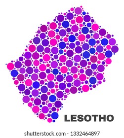 Mosaic Lesotho map isolated on a white background. Vector geographic abstraction in pink and violet colors. Mosaic of Lesotho map composed from random circle dots.