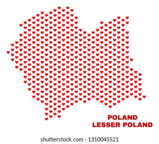 Mosaic Lesser Poland Voivodeship map of valentine hearts in red color isolated on a white background. Regular red heart pattern in shape of Lesser Poland Voivodeship map.