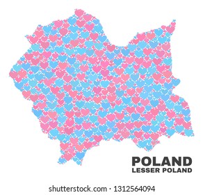 Mosaic Lesser Poland Voivodeship map of lovely hearts in pink and blue colors isolated on a white background. Lovely heart collage in shape of Lesser Poland Voivodeship map.