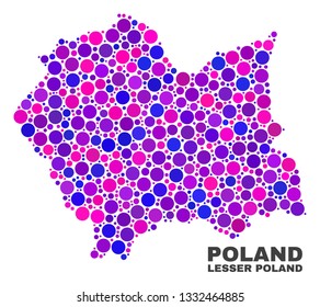 Mosaic Lesser Poland Voivodeship map isolated on a white background. Vector geographic abstraction in pink and violet colors.