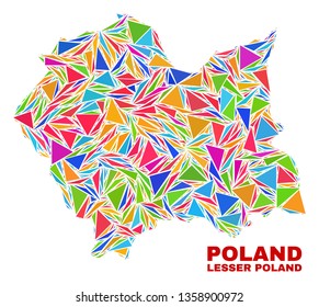 Mosaic Lesser Poland Voivodeship map of triangles in bright colors isolated on a white background. Triangular collage in shape of Lesser Poland Voivodeship map. Abstract design for patriotic purposes.