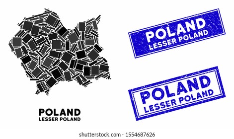 Mosaic Lesser Poland Voivodeship map and rectangular seals. Flat vector Lesser Poland Voivodeship map mosaic of random rotated rectangular items. Blue caption watermarks with distress textures.