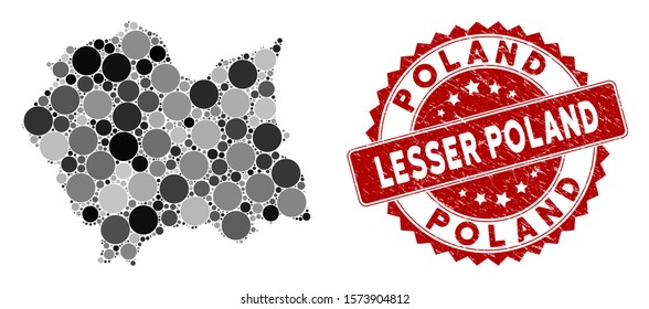 Mosaic Lesser Poland Voivodeship map and circle seal stamp. Flat vector Lesser Poland Voivodeship map mosaic of randomized spheric items. Red seal stamp with grunged surface.