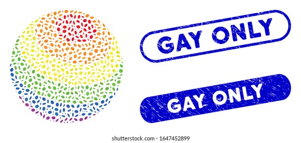 Mosaic LGBT color stripes sphere and rubber stamp seals with Gay Only phrase. Mosaic vector LGBT color stripes sphere is designed with scattered ellipse elements. Gay Only seals use blue color,