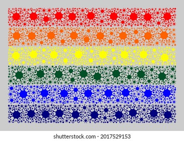 Mosaic LGBT flag constructed with coronavirus icons. Vector coronavirus mosaic LGBT flag designed for lockdown advertisement. Designed for political or patriotic collages.