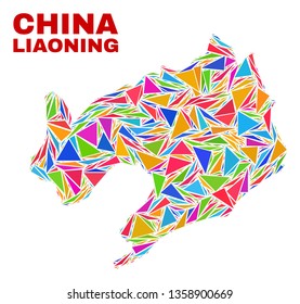 Mosaic Liaoning Province map of triangles in bright colors isolated on a white background. Triangular collage in shape of Liaoning Province map. Abstract design for patriotic decoration.