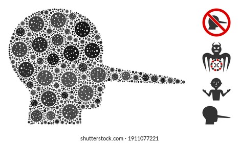 Mosaic liar constructed from coronavirus elements in variable sizes and color hues. Vector infection icons are organized into abstract mosaic liar icon. Some bonus icons are added.