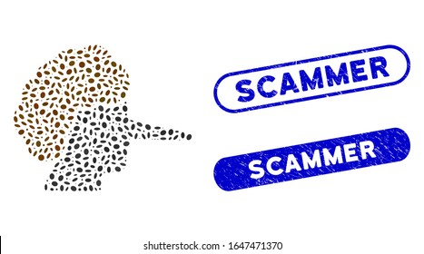 Mosaic liar and corroded stamp seals with Scammer phrase. Mosaic vector liar is composed with scattered ellipse spots. Scammer stamp seals use blue color, and have round rectangle shape. svg