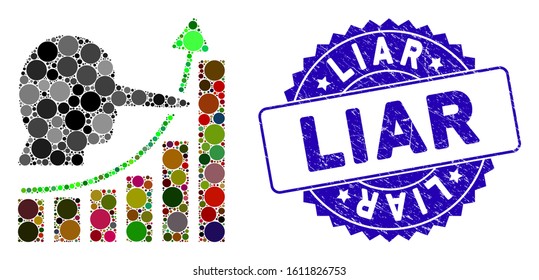 Mosaic liar hyip chart icon and corroded stamp seal with Liar text. Mosaic vector is composed with liar hyip chart icon and with randomized round items. Liar stamp uses blue color, and grunged design.