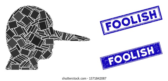 Mosaic liar icon and rectangular Foolish rubber prints. Flat vector liar mosaic icon of randomized rotated rectangular items. Blue Foolish rubber seals with dirty surface.