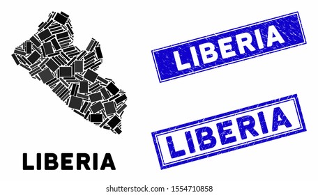 Mosaic Liberia map and rectangle stamps. Flat vector Liberia map mosaic of random rotated rectangle items. Blue caption stamps with distress textures. Designed for political and patriotic purposes.