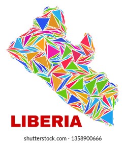 Mosaic Liberia map of triangles in bright colors isolated on a white background. Triangular collage in shape of Liberia map. Abstract design for patriotic purposes.