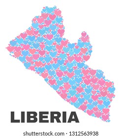 Mosaic Liberia map of valentine hearts in pink and blue colors isolated on a white background. Lovely heart collage in shape of Liberia map. Abstract design for Valentine illustrations.