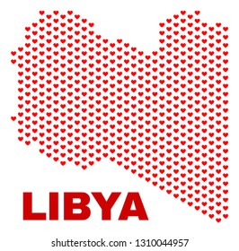 Mosaic Libya map of love hearts in red color isolated on a white background. Regular red heart pattern in shape of Libya map. Abstract design for Valentine illustrations.