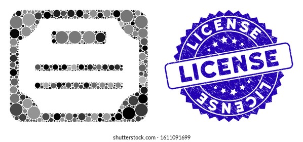 Mosaic license icon and grunge stamp seal with License caption. Mosaic vector is created with license icon and with random spheric spots. License seal uses blue color, and dirty design.