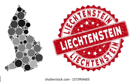 Mosaic Liechtenstein map and circle seal stamp. Flat vector Liechtenstein map mosaic of randomized spheric items. Red seal stamp with rubber style. Designed for political and patriotic doctrines.
