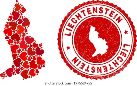Mosaic Liechtenstein map designed with red love hearts, and textured seal stamp. Vector lovely round red rubber seal stamp imprint with Liechtenstein map inside.