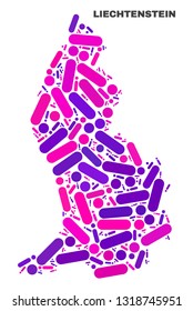 Mosaic Liechtenstein map isolated on a white background. Vector geographic abstraction in pink and violet colors. Mosaic of Liechtenstein map combined of scattered round points and lines.