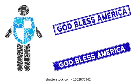 Mosaic life insurance pictogram and rectangular God Bless America stamps. Flat vector life insurance mosaic pictogram of scattered rotated rectangular elements.